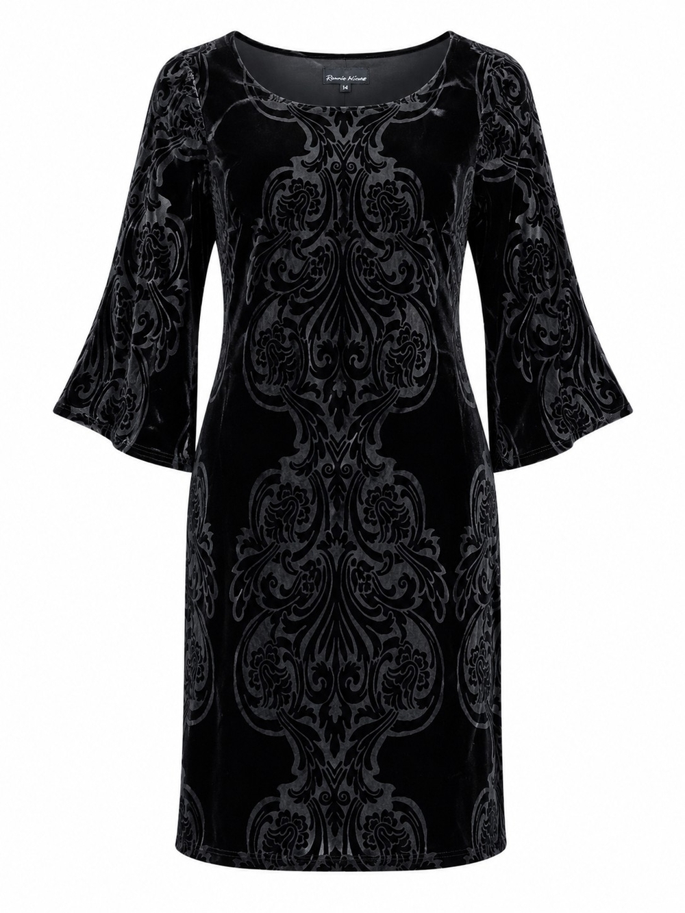 RONNI NICOLE EVENING | Black Burnout Velvet Damask Bell Sleeve Dress Gothic | 14